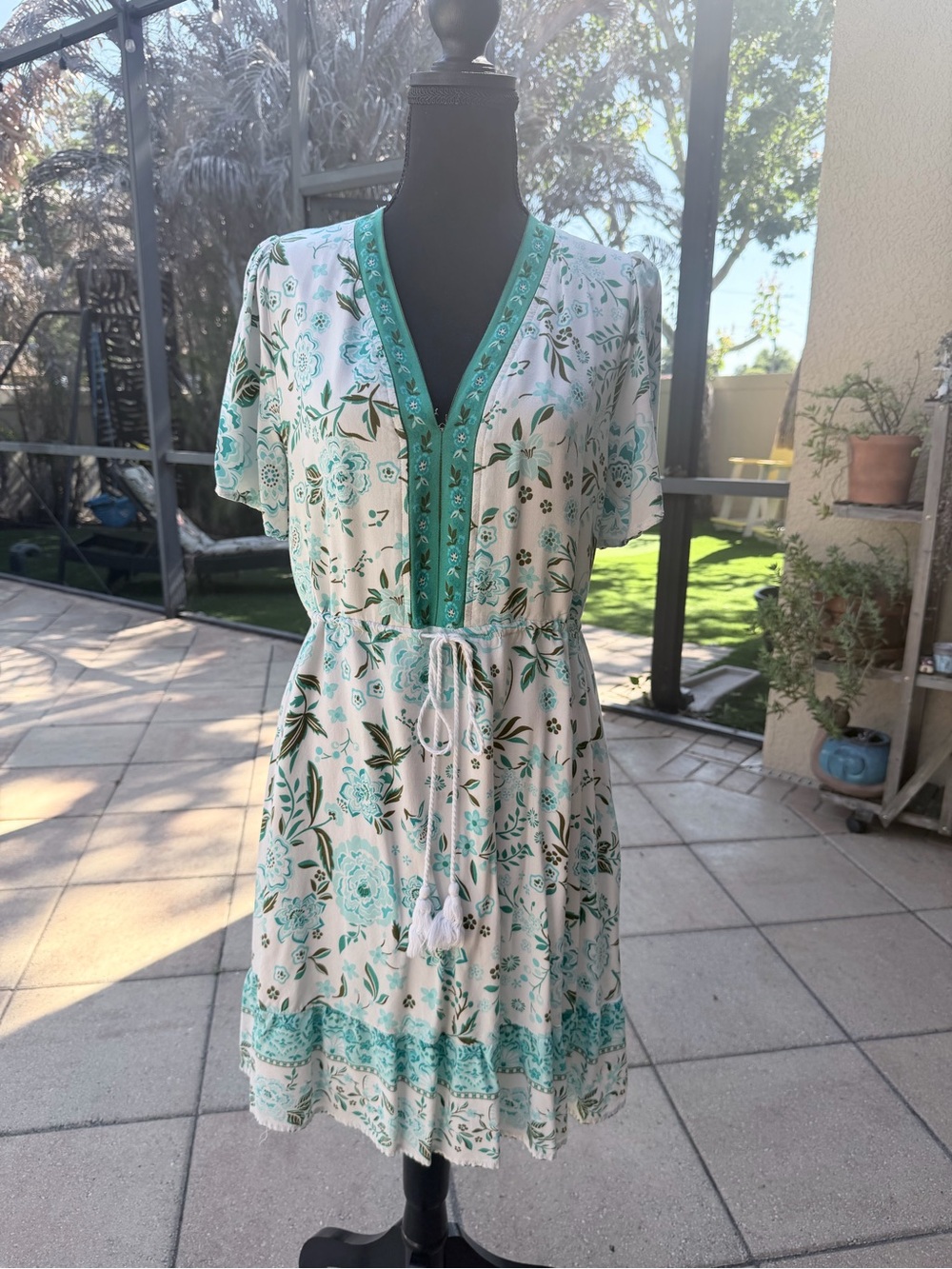 Summer Floral V Neck Drawstring Waist Boho Dress